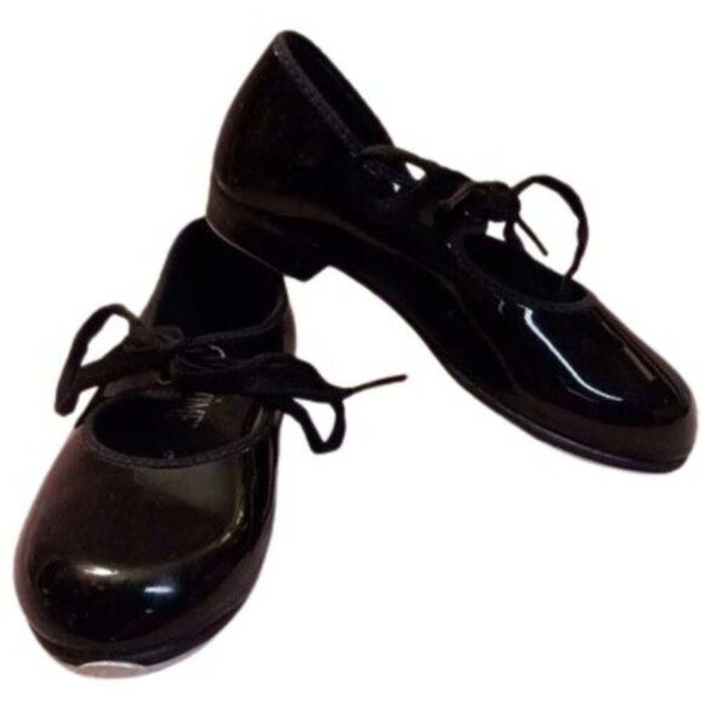 Dance Time 9 Kids Black Patent Leather Tap Shoes Laces